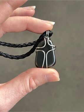 Hematite Black Gemstone Pendant Stainless Steel Wire Wrap on Braided Black Cord